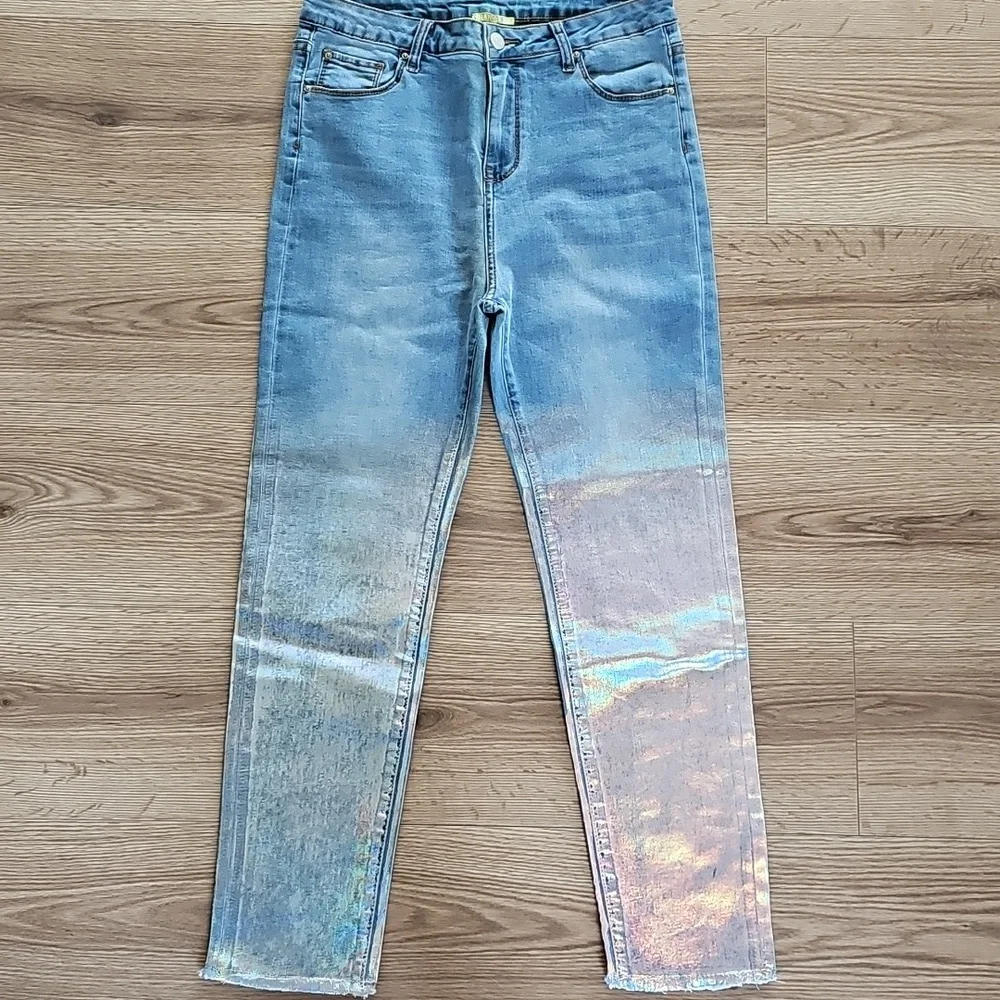 Gianni Bini Iridescent Blue Straight Leg Jeans, Size Medium